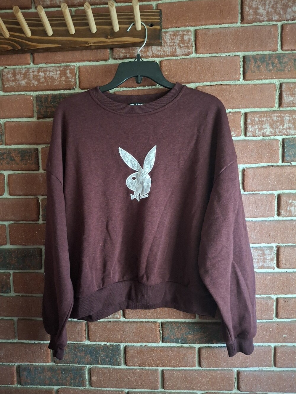 PLAYBOY Burgundy Crewneck Sweatshirt with White Lace Bunny Logo